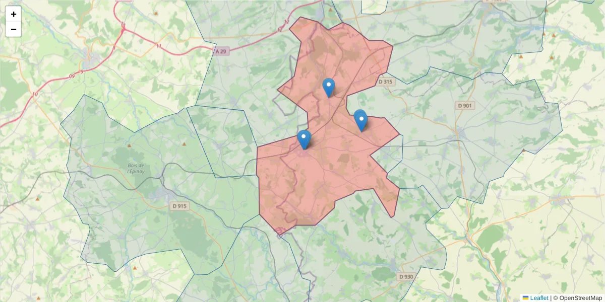 Carte de la zone du code postal  et des codes postaux voisins en France