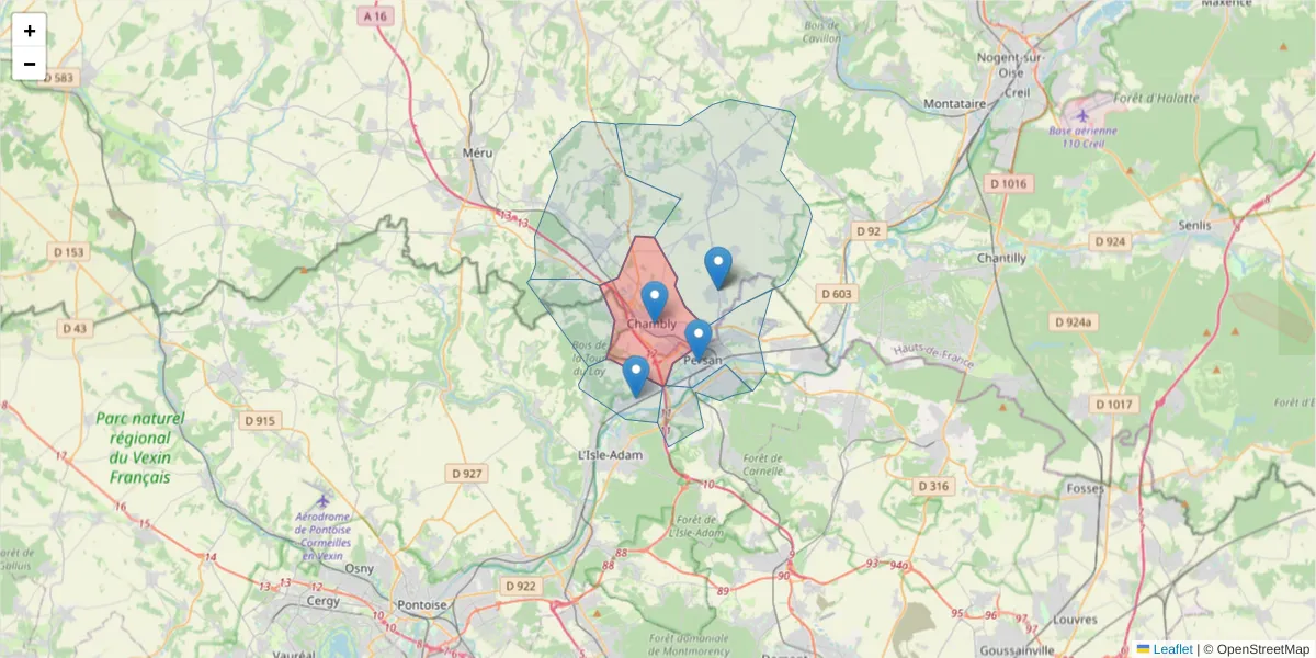 Carte de la zone du code postal  et des codes postaux voisins en France