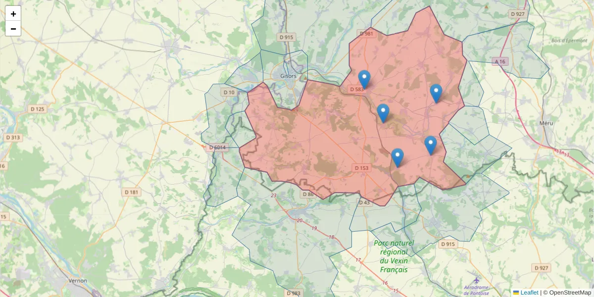 Carte de la zone du code postal  et des codes postaux voisins en France