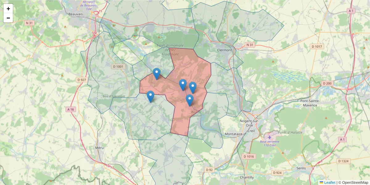 Carte de la zone du code postal  et des codes postaux voisins en France