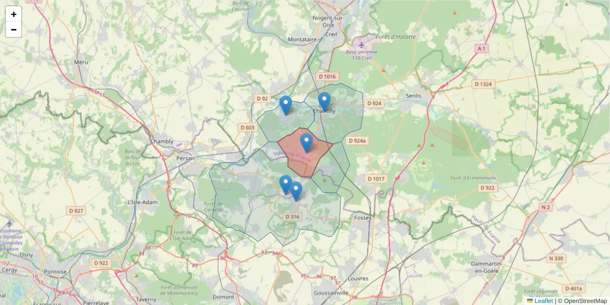 Carte de la zone du code postal  et des codes postaux voisins en France