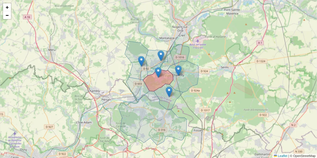 Carte de la zone du code postal  et des codes postaux voisins en France