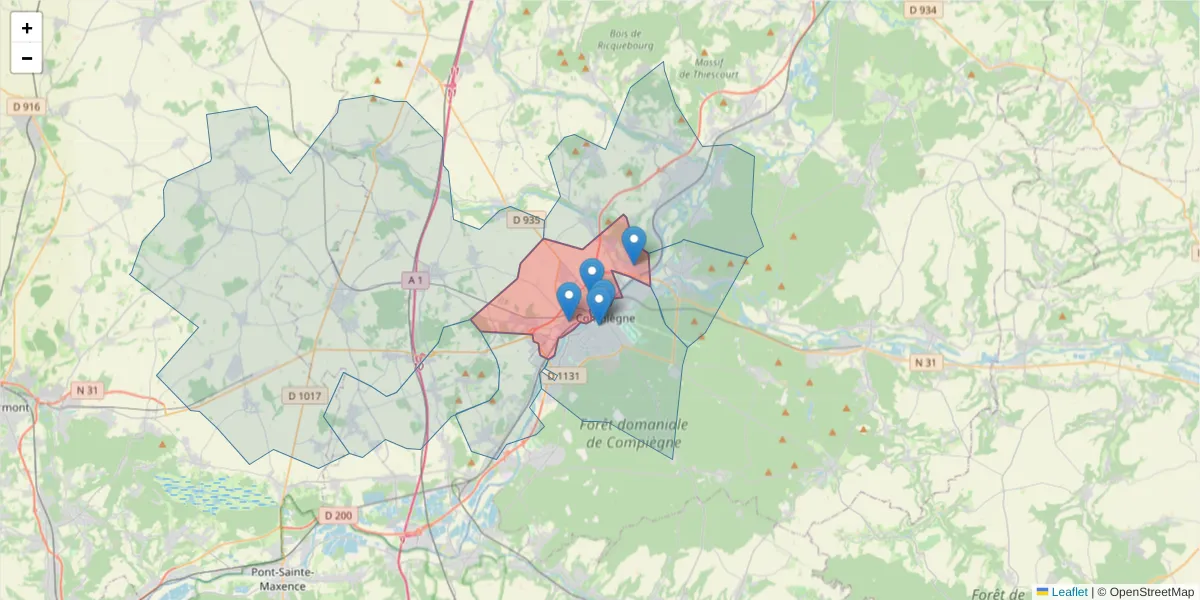 Carte de la zone du code postal  et des codes postaux voisins en France