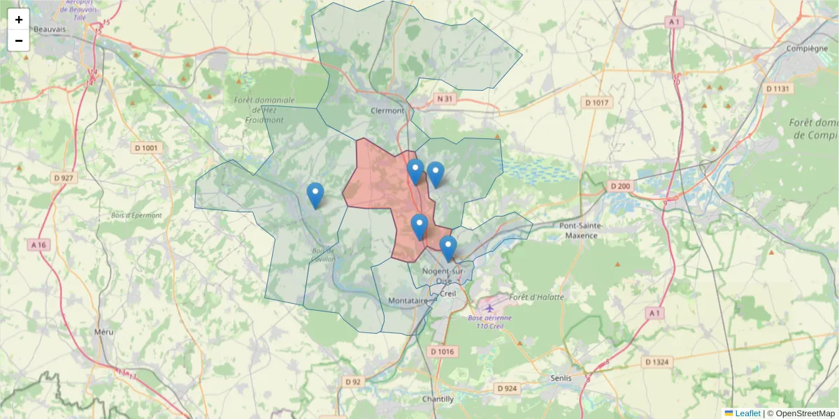 Carte de la zone du code postal  et des codes postaux voisins en France