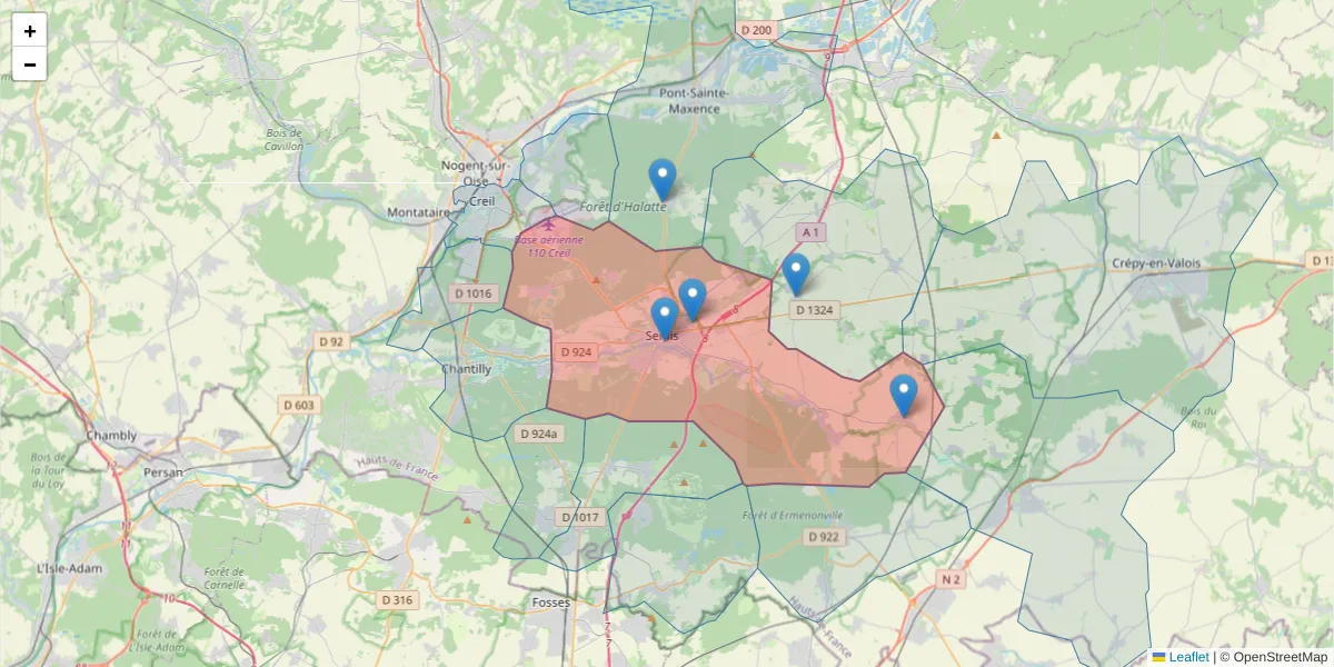 Carte de la zone du code postal  et des codes postaux voisins en France