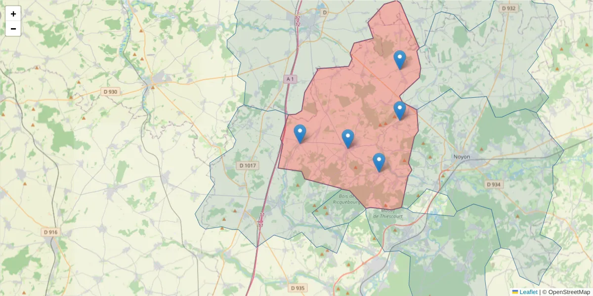 Carte de la zone du code postal  et des codes postaux voisins en France
