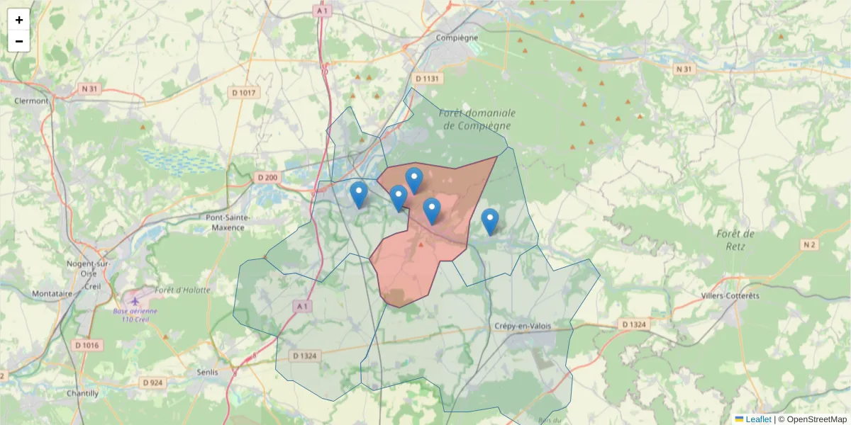 Carte de la zone du code postal  et des codes postaux voisins en France