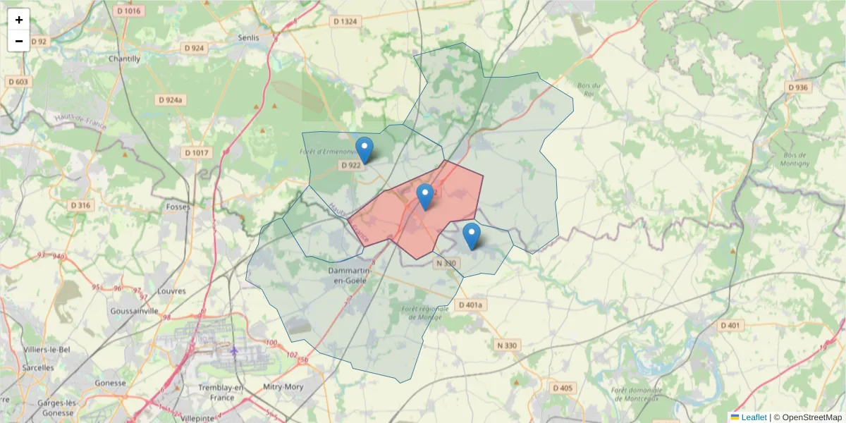 Carte de la zone du code postal  et des codes postaux voisins en France