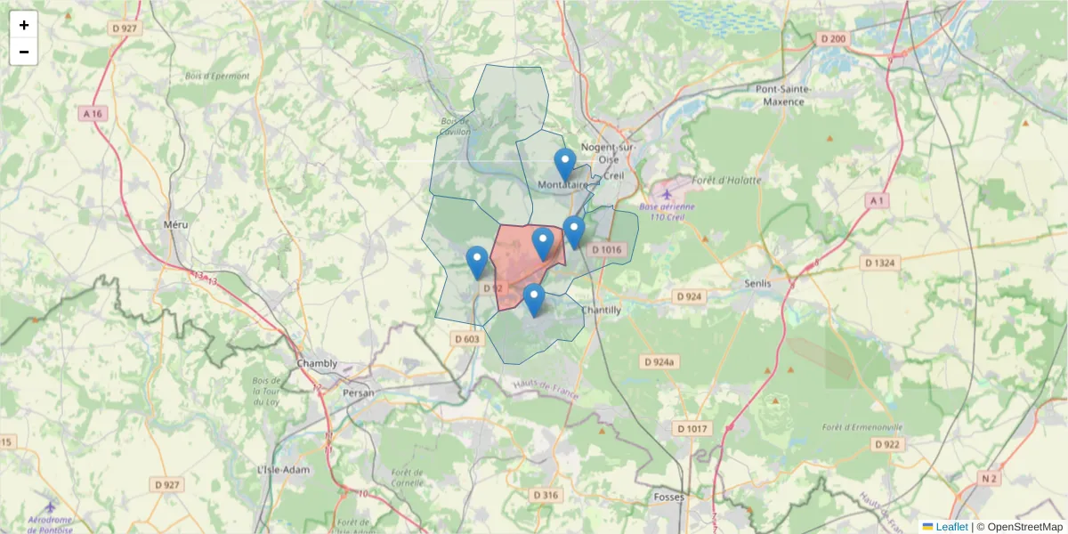 Carte de la zone du code postal  et des codes postaux voisins en France