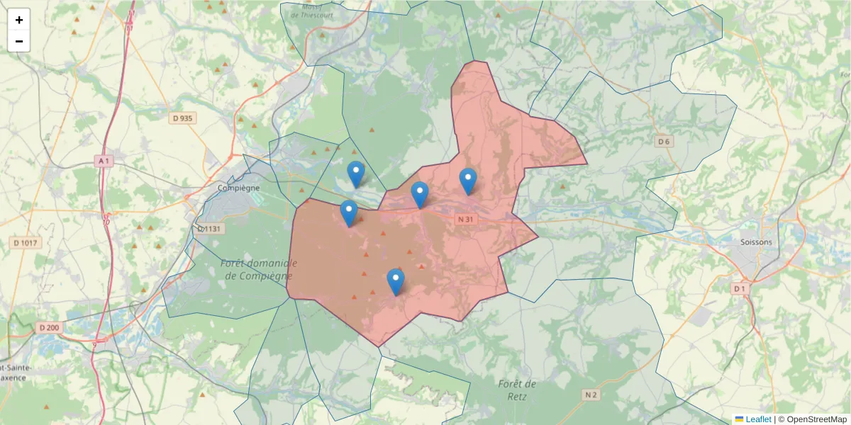 Carte de la zone du code postal  et des codes postaux voisins en France