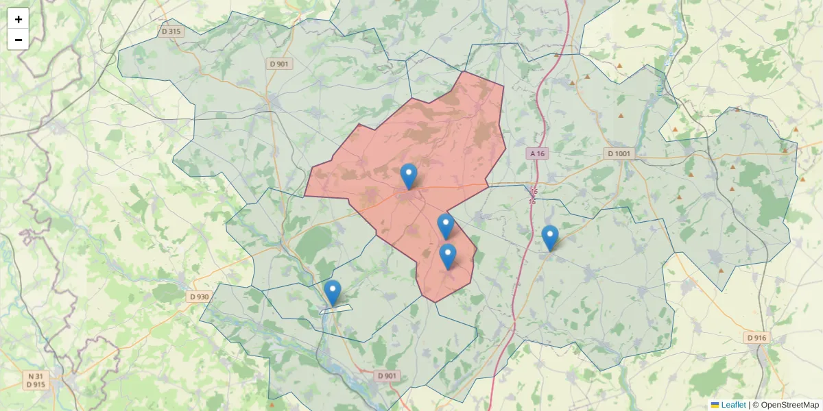 Carte de la zone du code postal  et des codes postaux voisins en France