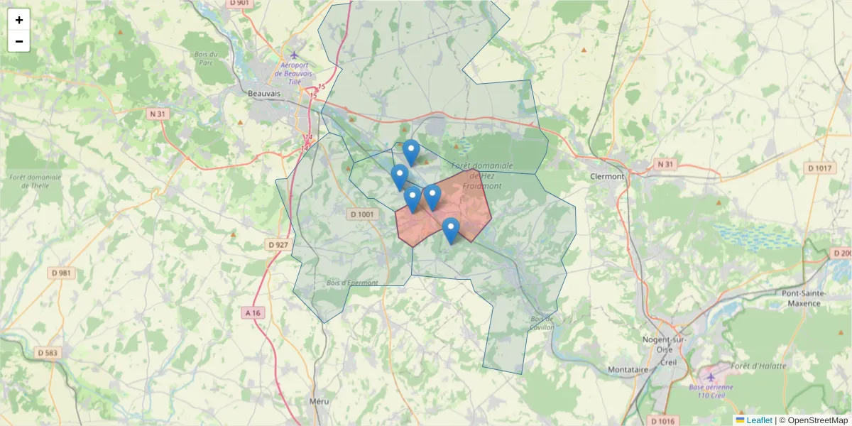 Carte de la zone du code postal  et des codes postaux voisins en France
