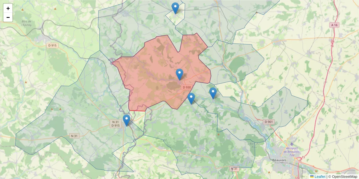 Carte de la zone du code postal  et des codes postaux voisins en France