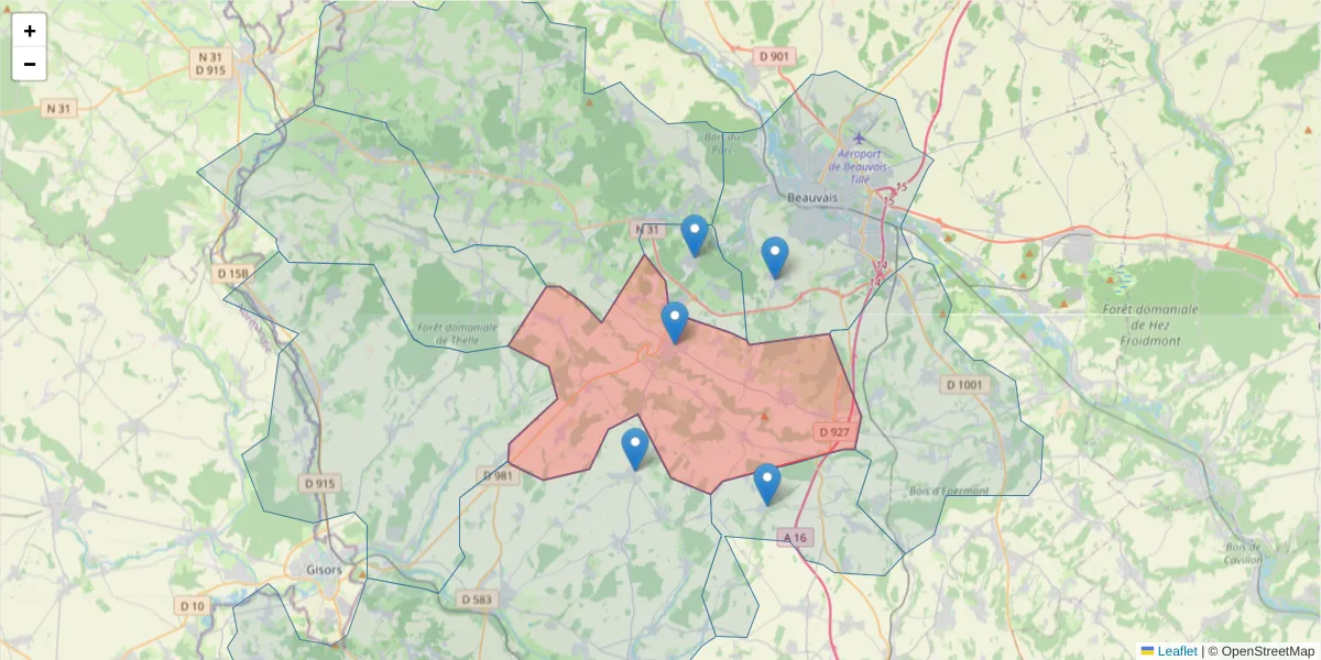 Carte de la zone du code postal  et des codes postaux voisins en France