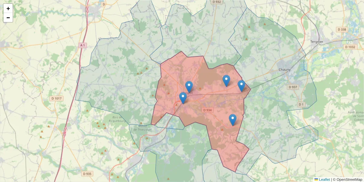 Carte de la zone du code postal  et des codes postaux voisins en France