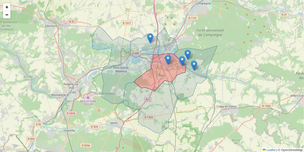 Carte de la zone du code postal  et des codes postaux voisins en France