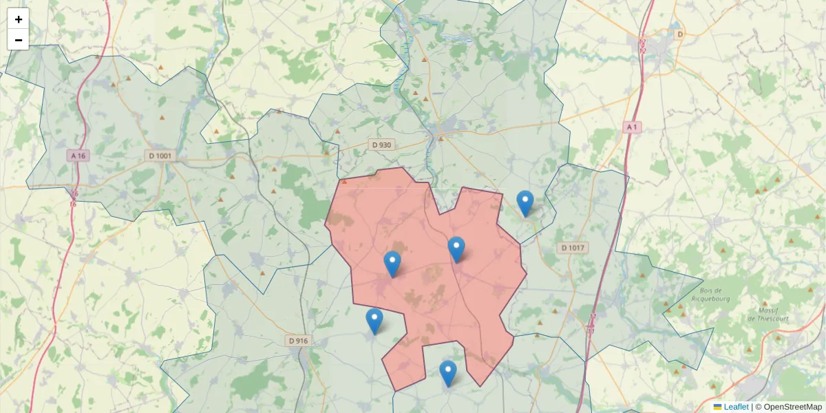 Carte de la zone du code postal  et des codes postaux voisins en France