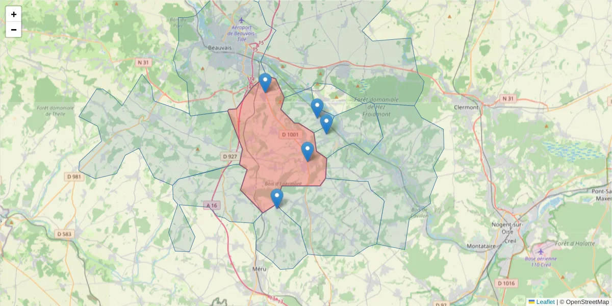 Carte de la zone du code postal  et des codes postaux voisins en France