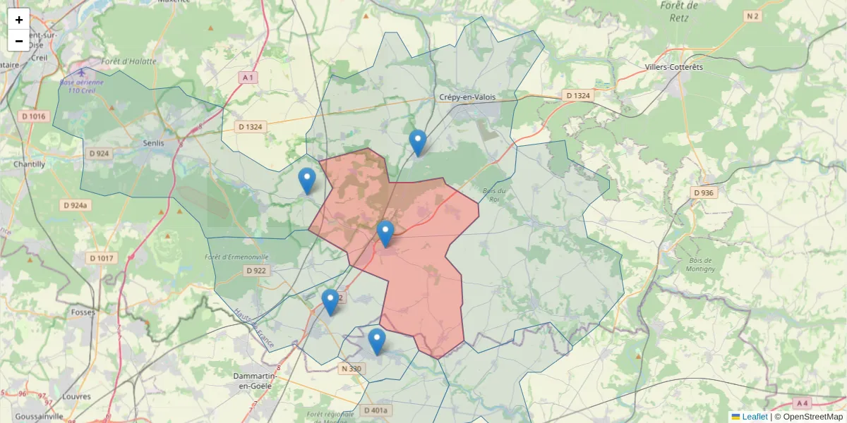 Carte de la zone du code postal  et des codes postaux voisins en France