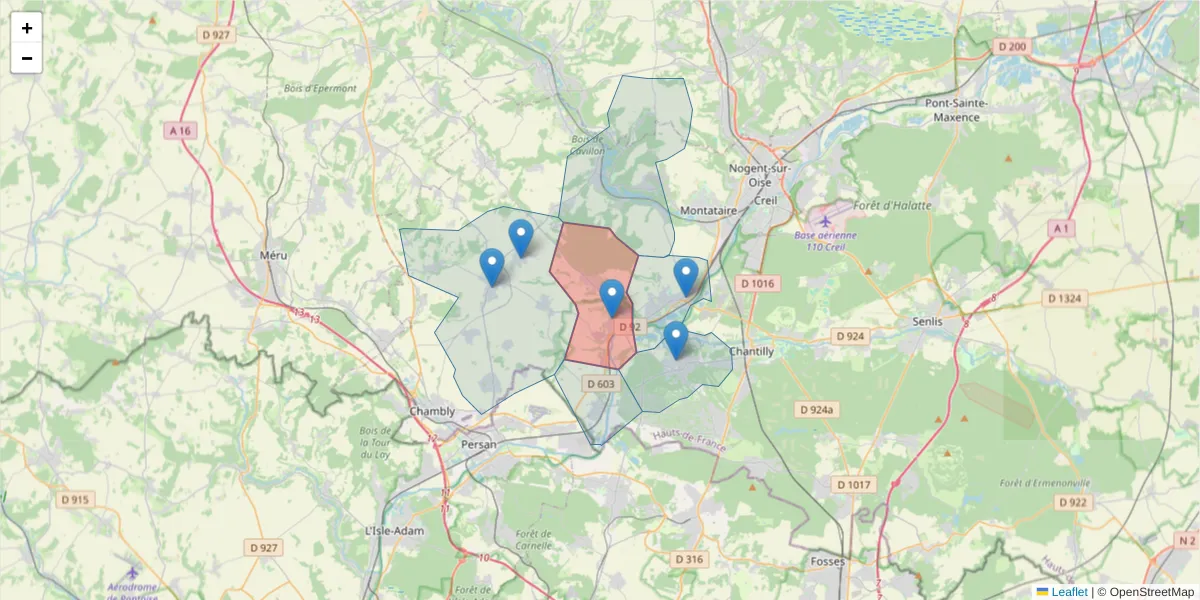 Carte de la zone du code postal  et des codes postaux voisins en France