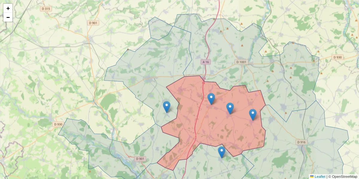Carte de la zone du code postal  et des codes postaux voisins en France