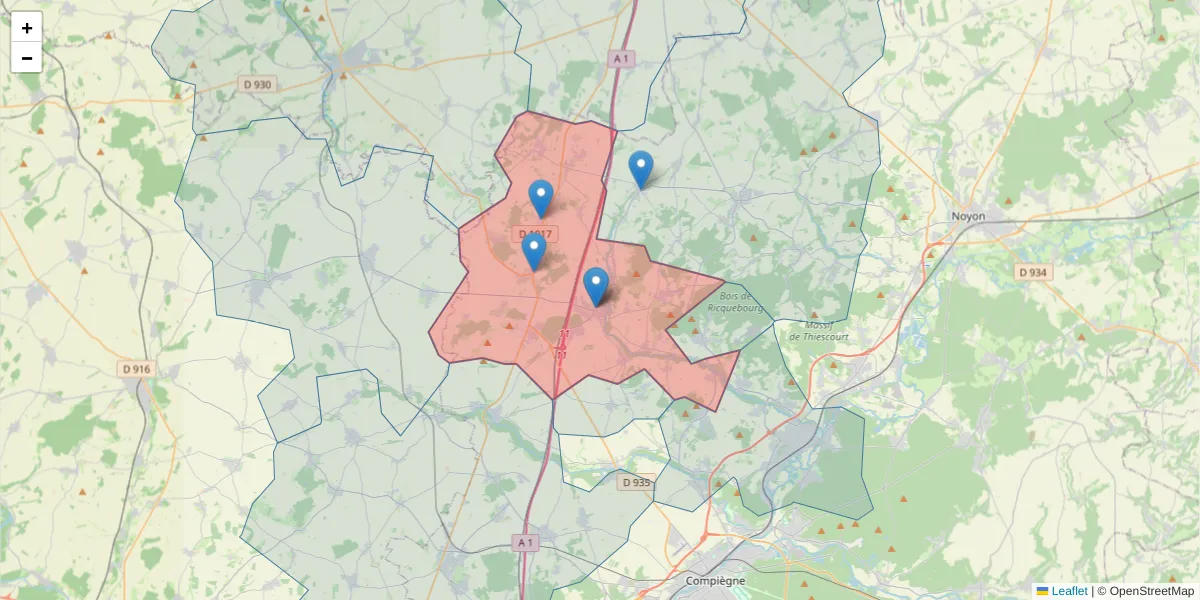 Carte de la zone du code postal  et des codes postaux voisins en France