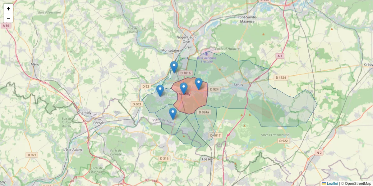 Carte de la zone du code postal  et des codes postaux voisins en France