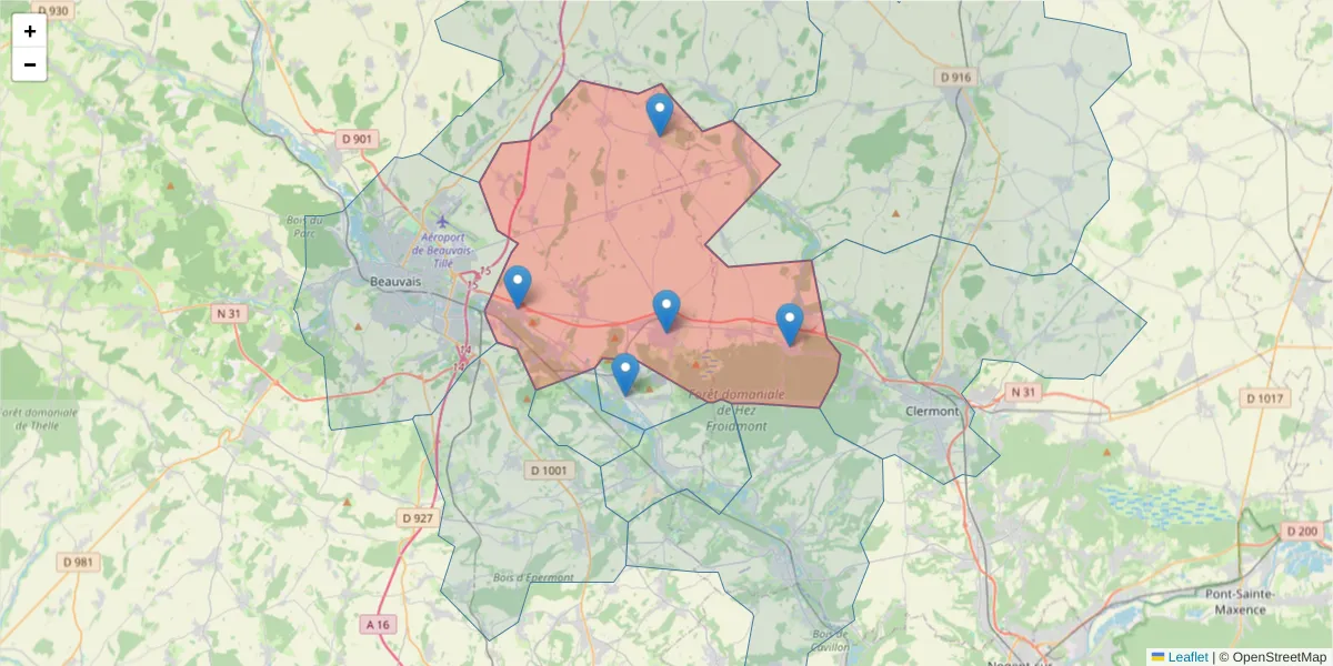 Carte de la zone du code postal  et des codes postaux voisins en France