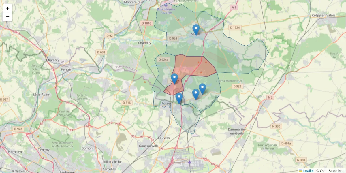 Carte de la zone du code postal  et des codes postaux voisins en France