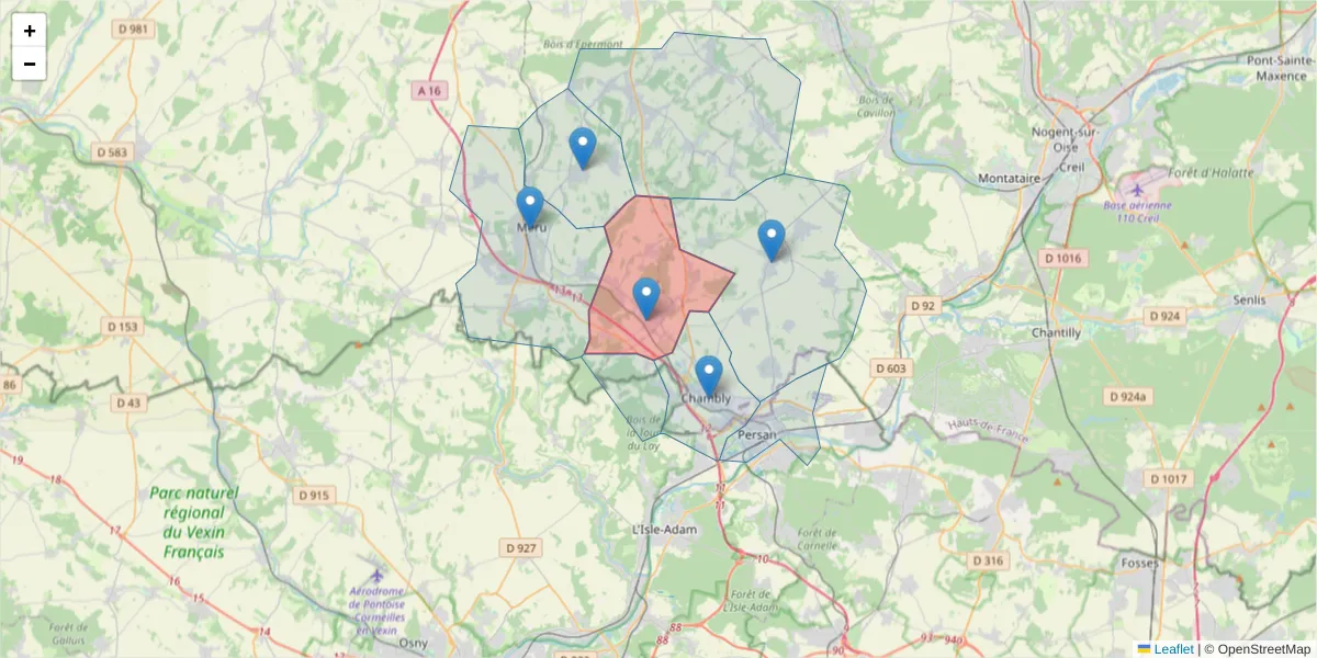 Carte de la zone du code postal  et des codes postaux voisins en France