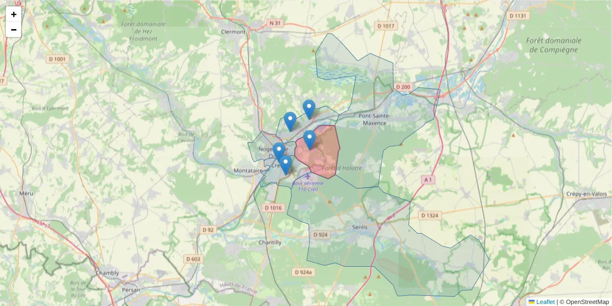 Carte de la zone du code postal  et des codes postaux voisins en France