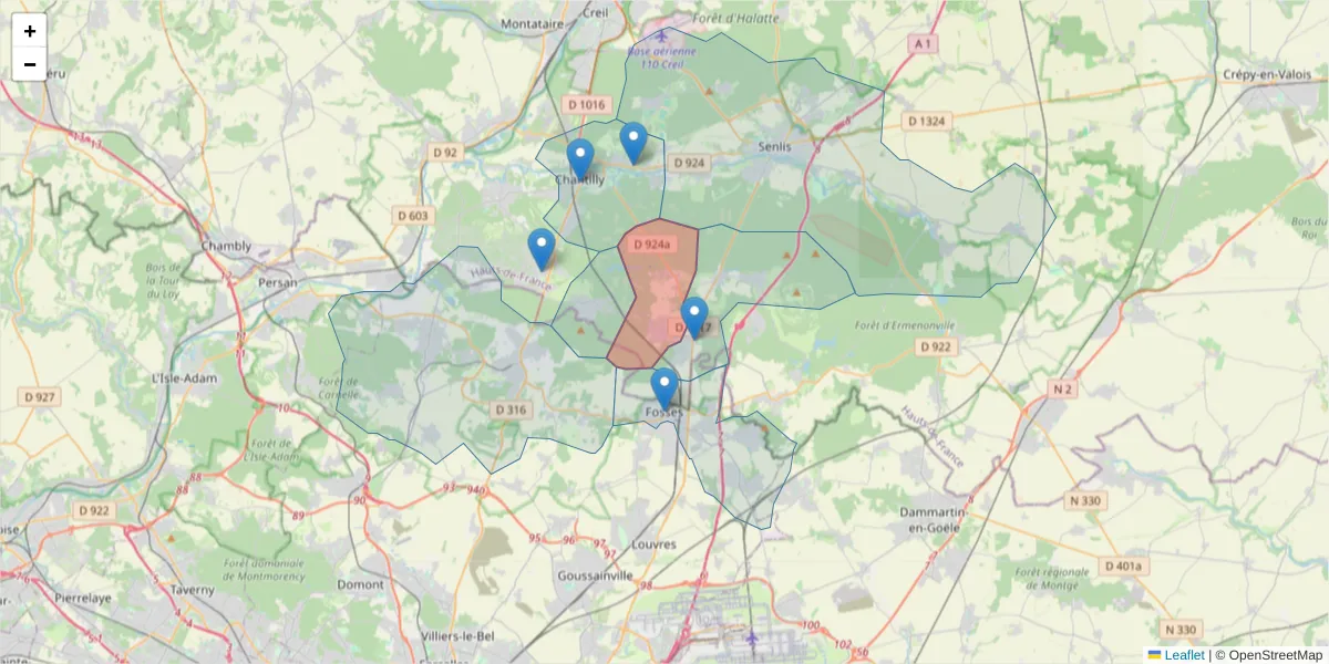 Carte de la zone du code postal  et des codes postaux voisins en France