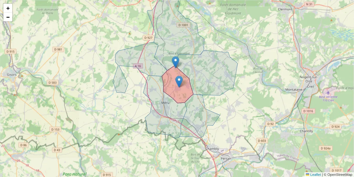 Carte de la zone du code postal  et des codes postaux voisins en France