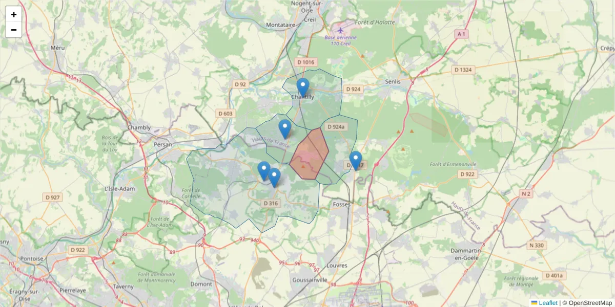 Carte de la zone du code postal  et des codes postaux voisins en France