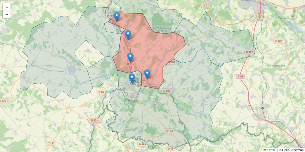 Carte de la zone du code postal  et des codes postaux voisins en France