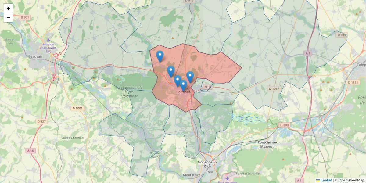 Carte de la zone du code postal  et des codes postaux voisins en France