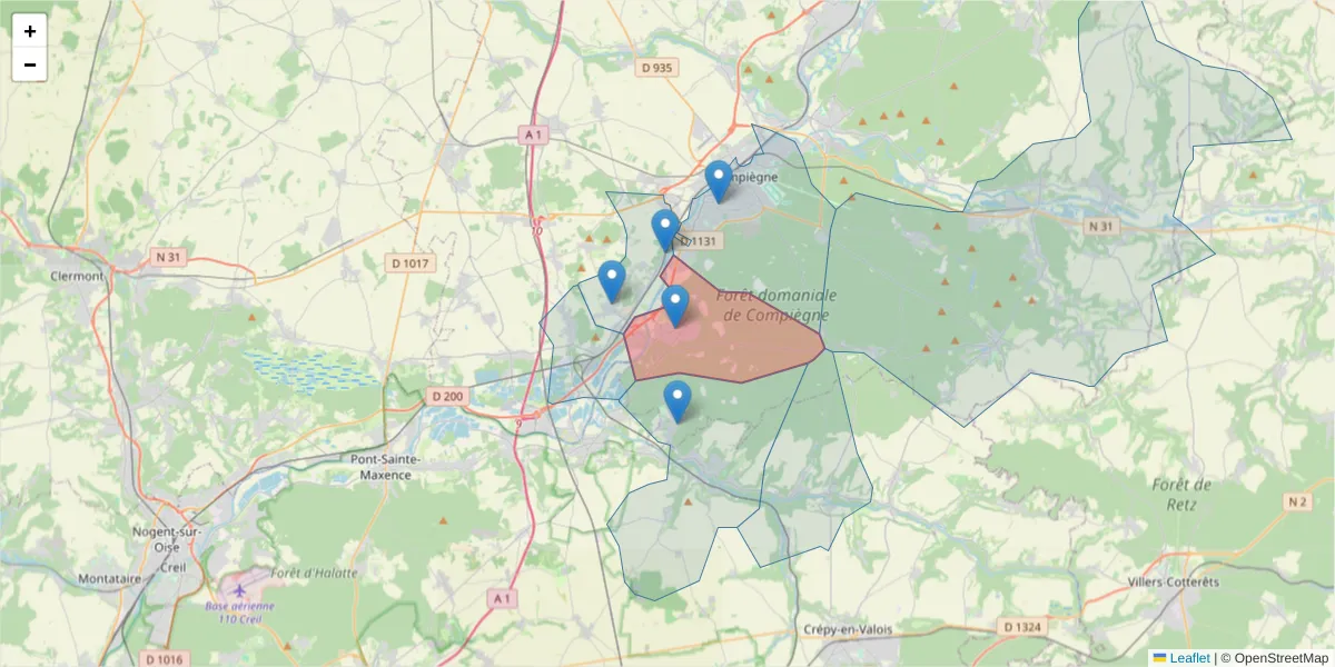 Carte de la zone du code postal  et des codes postaux voisins en France