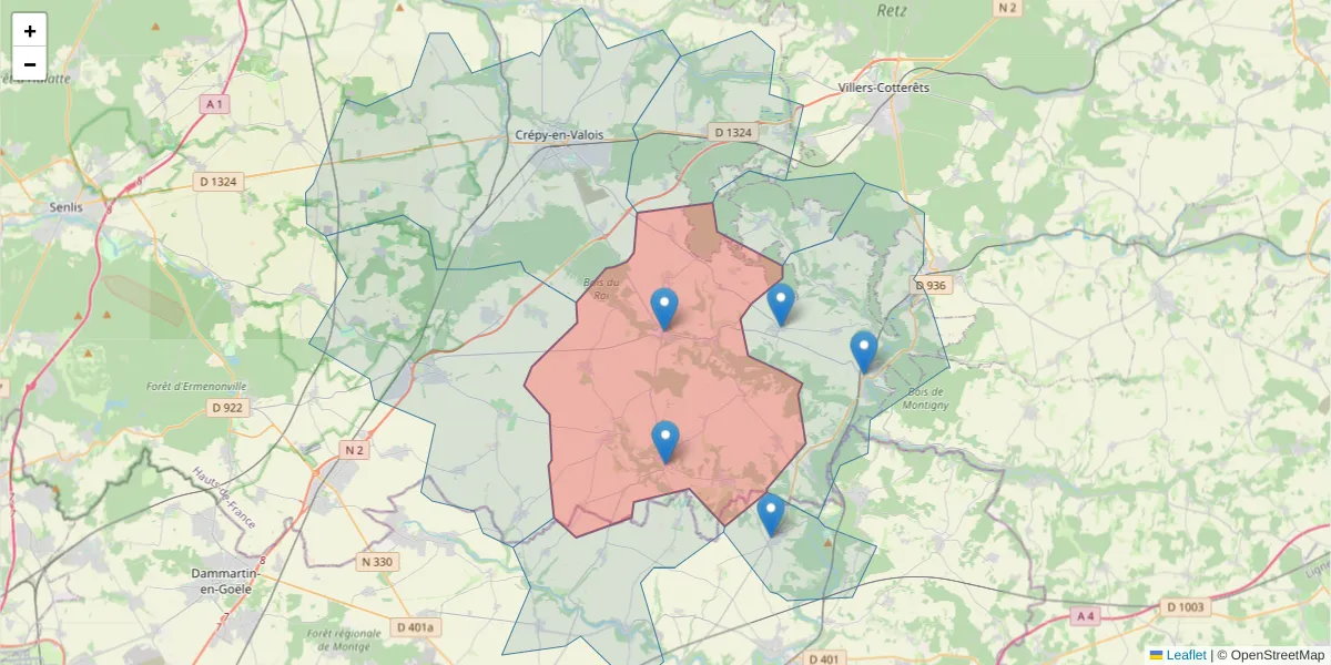 Carte de la zone du code postal  et des codes postaux voisins en France