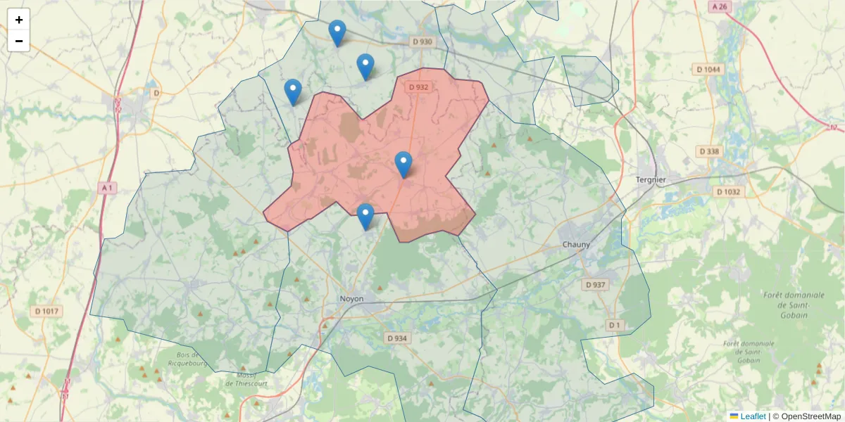 Carte de la zone du code postal  et des codes postaux voisins en France