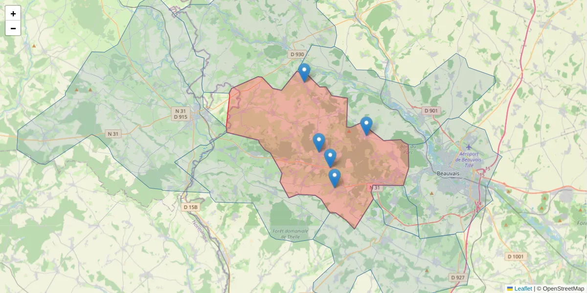 Carte de la zone du code postal  et des codes postaux voisins en France