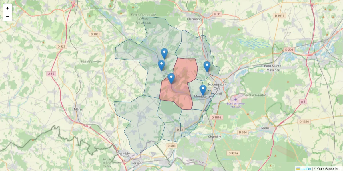 Carte de la zone du code postal  et des codes postaux voisins en France