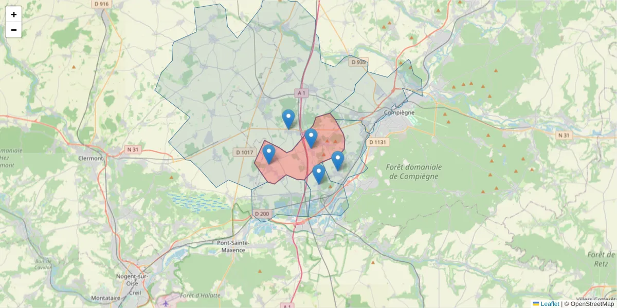 Carte de la zone du code postal  et des codes postaux voisins en France