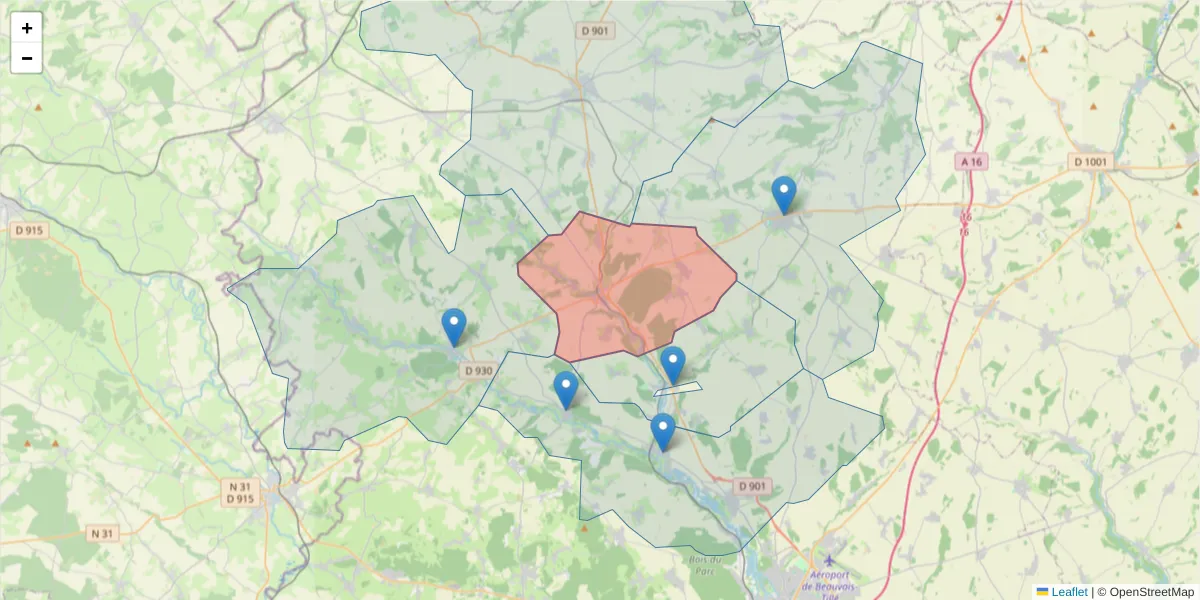 Carte de la zone du code postal  et des codes postaux voisins en France