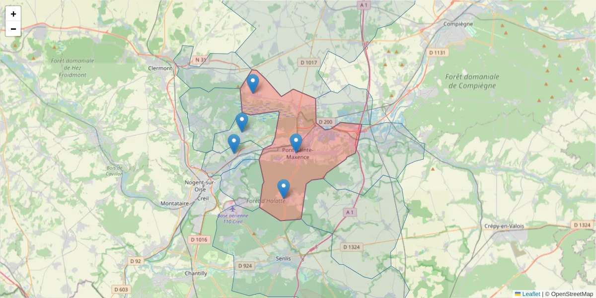 Carte de la zone du code postal  et des codes postaux voisins en France