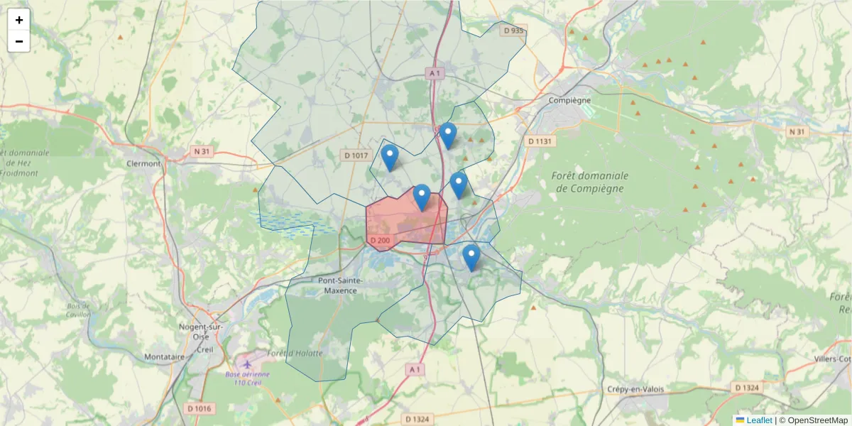 Carte de la zone du code postal  et des codes postaux voisins en France