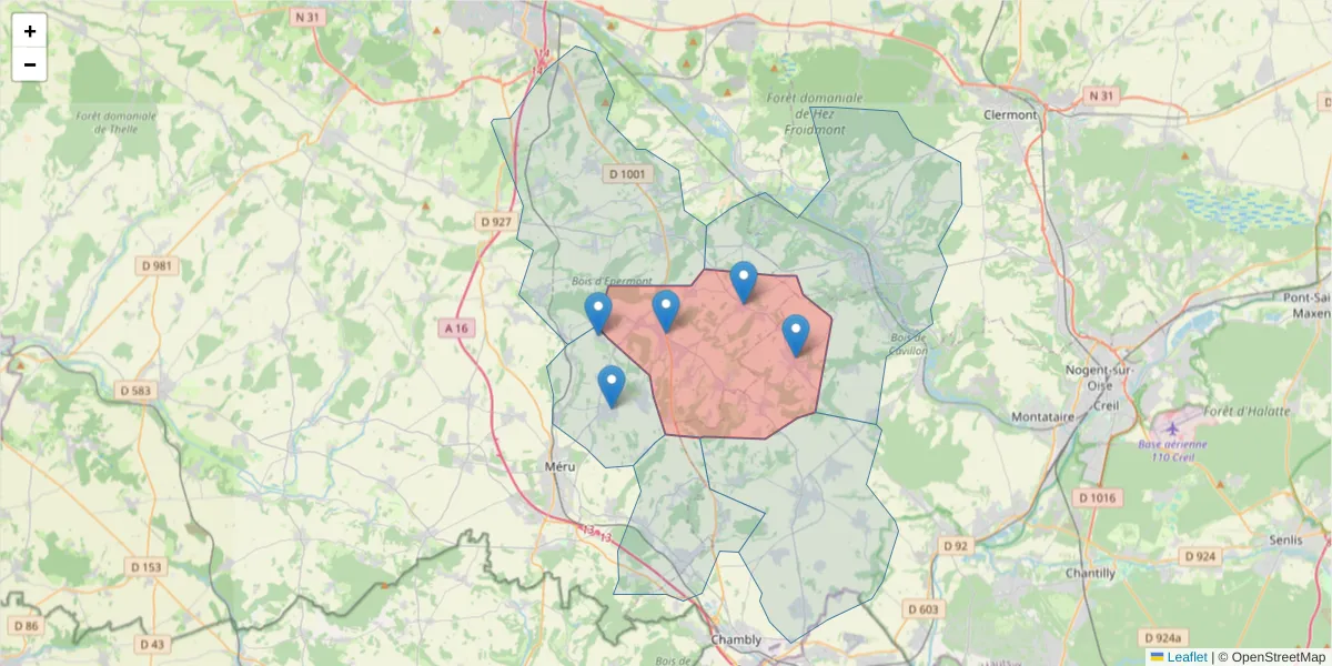 Carte de la zone du code postal  et des codes postaux voisins en France