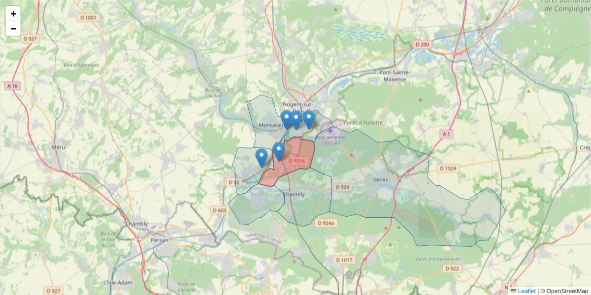 Carte de la zone du code postal  et des codes postaux voisins en France