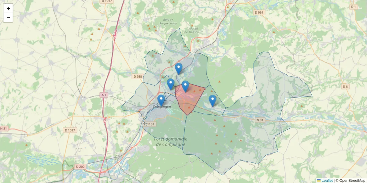 Carte de la zone du code postal  et des codes postaux voisins en France