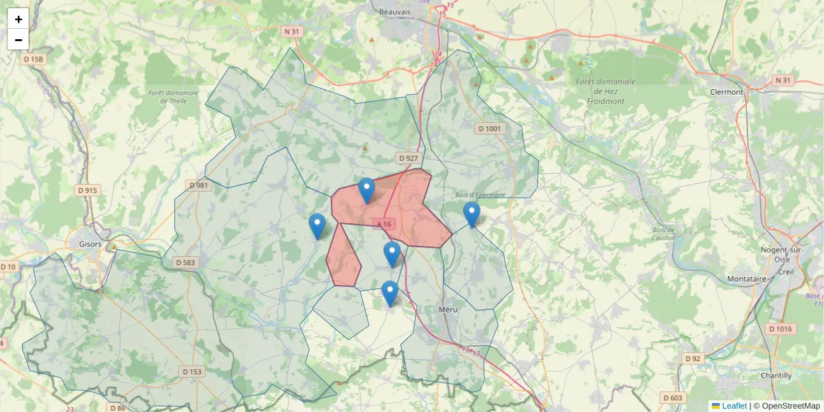 Carte de la zone du code postal  et des codes postaux voisins en France