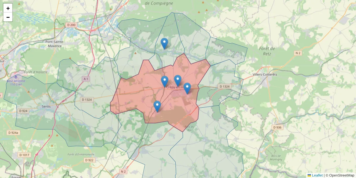 Carte de la zone du code postal  et des codes postaux voisins en France